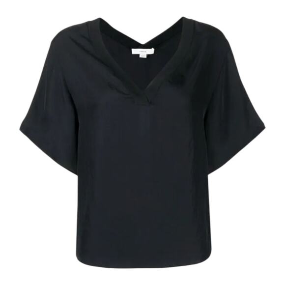 Vince Rib Trim V Neck Short Sleeve Black Shirt Women SZ Small 100% Triacetate - Picture 1 of 10